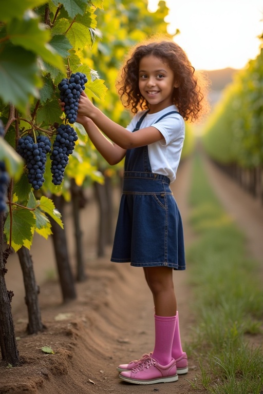 A young girl stands next to a vine checking blue grapes by hand. She wears a short white top with a dark blue skirt, pink socks, and shoes. Her curly hair frames her face. The warm late summer sun shines over the green vines.