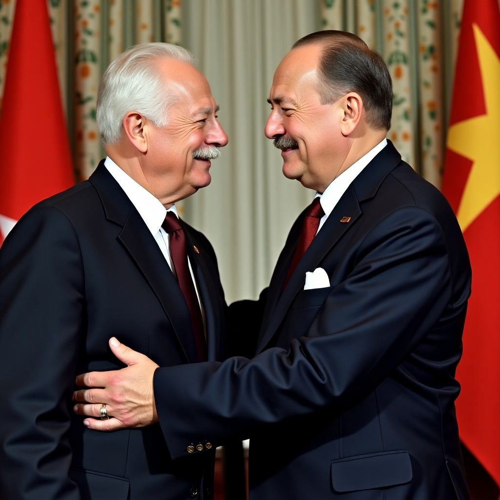 The image captures a significant moment between two prominent historical figures. It shows them warmly embracing, symbolizing reconciliation and diplomacy. The backdrop hints at political significance, hinting at a historic union. The leaders are adorned in formal attire, reflecting their status. The atmosphere is cordial and respectful, indicative of their roles in history.