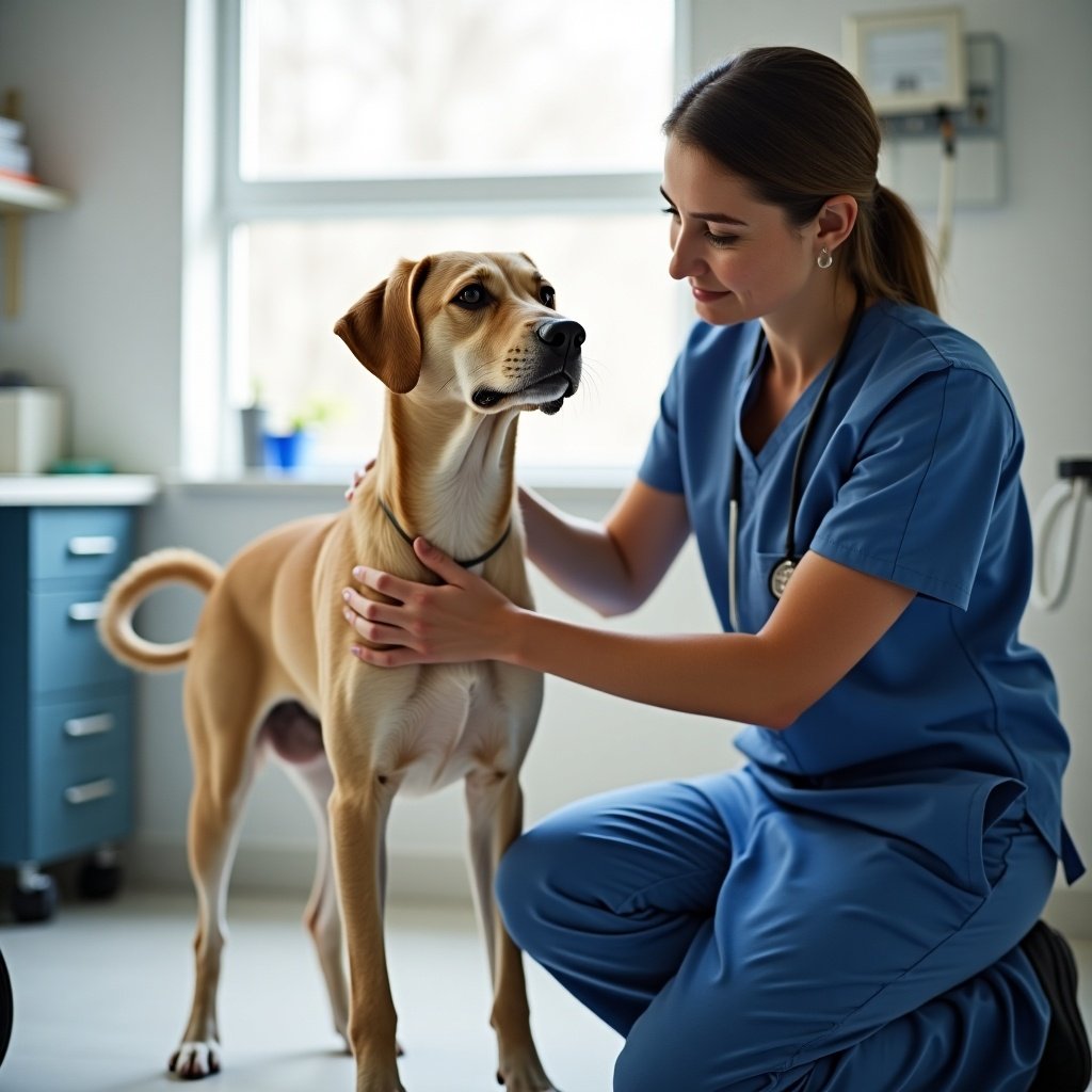 Veterinarian assists standing dog in a clinic. A veterinarian helps a dog in a veterinary practice. The scene shows care and expertise in pet handling.