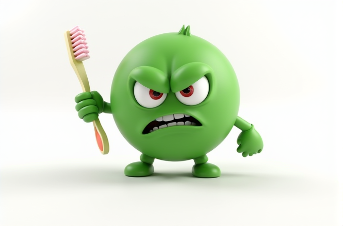 A small angry green creature is holding a toothbrush with pink toothpaste.