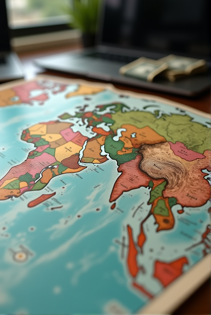 A detailed world map on a desk with blurred laptops and bills in the background, creating a focused yet cozy workspace atmosphere.