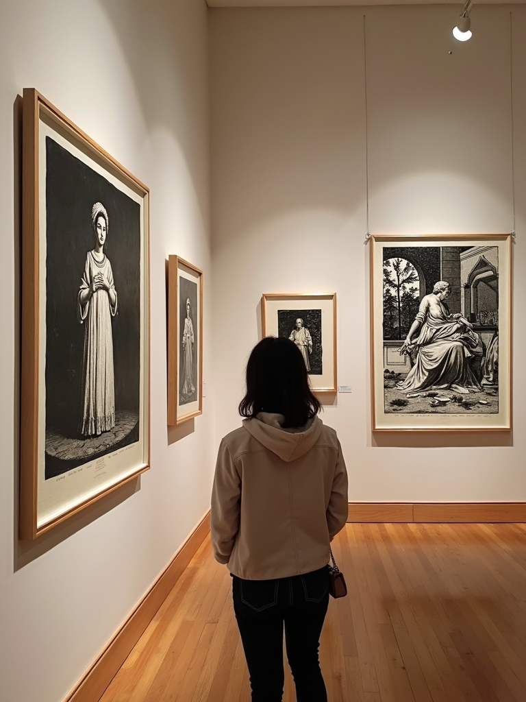 A person is standing in an art gallery looking at several framed black and white prints on the wall.