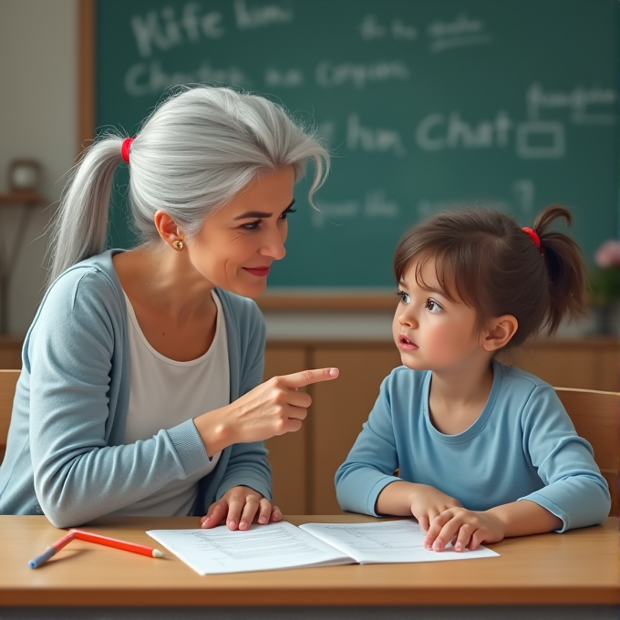 An older woman and a young girl engaged in a conversation at a classroom desk.