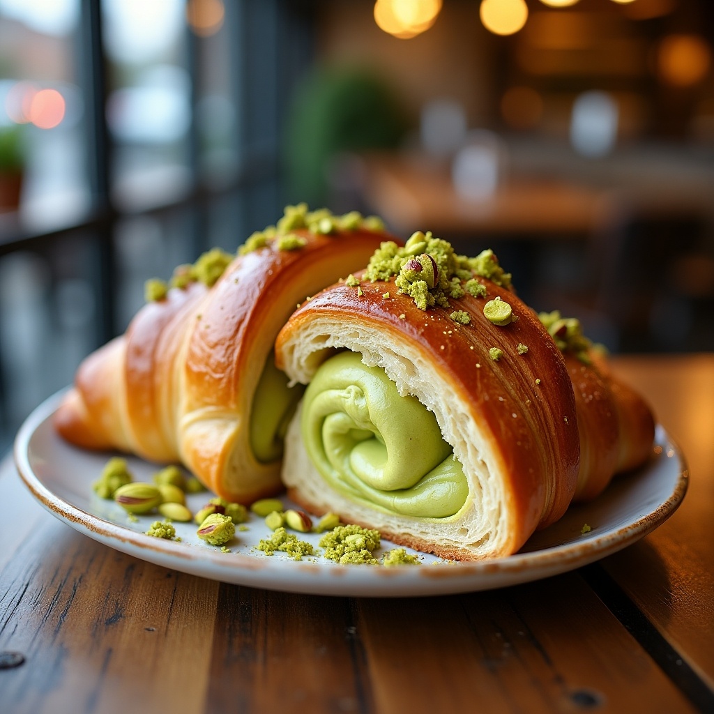 This image features a delicious pistachio croissant on a rustic plate. The croissant is beautifully golden brown and has a smooth pistachio filling that is partially visible. Crushed pistachios are sprinkled on top, adding a pop of color and texture. The setting appears cozy with warm lighting and blurred backgrounds, evoking a café atmosphere. This croissant looks perfect for a breakfast treat or an afternoon snack.