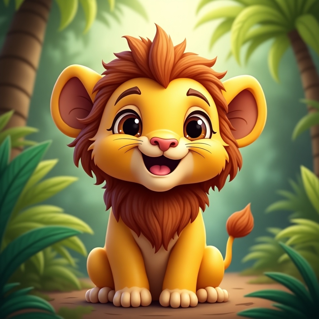 The image depicts a charming lion cub with a big smiling face. The cub has bright yellow fur and a fluffy brown mane, adding to its adorable appearance. Lush green vegetation surrounds the cub, indicating a vibrant jungle setting. Soft, warm lighting enhances the playful and cheerful mood of the scene. The lion cub's large, expressive eyes full of joy make it a captivating character that invokes happiness.