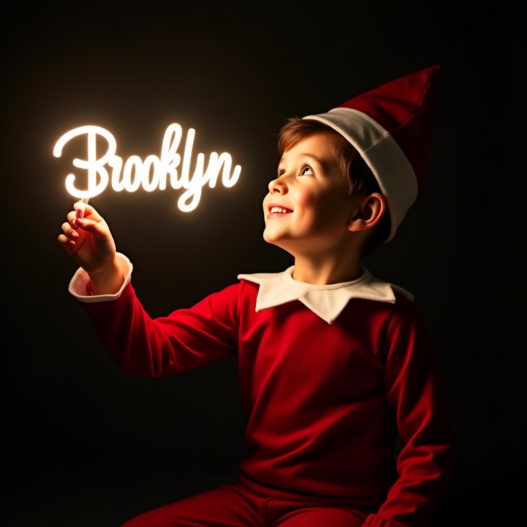 This image features a child dressed as an Elf on the Shelf in traditional red and white attire. The elf holds a glowing wand that writes the name 'Brooklyn' in soft light. The dark background contrasts with the warm glow, creating a festive atmosphere. The child's expression is joyful and filled with wonder, enhancing the magical feel of the scene. This depiction captures the essence of holiday spirit and enchantment, making it perfect for Christmas-themed illustrations or promotions.