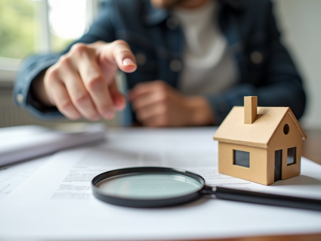 A person pointing at paperwork with a small house model and magnifying glass in the foreground, indicating a real estate context.