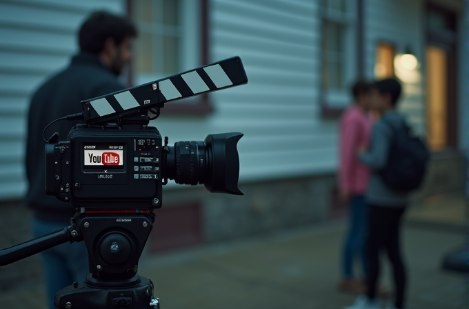 A professional camera with YouTube branding captures a scene with two people conversing in the background.