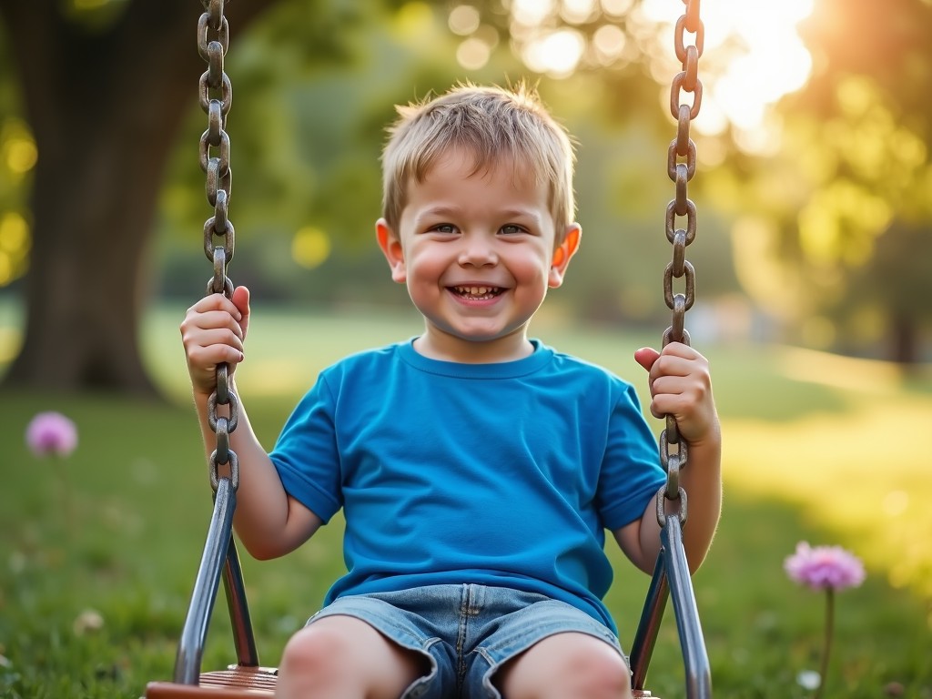 The image depicts a young boy happily swinging on a swing in a park. He has short blond hair and is wearing a bright blue t-shirt with shorts. The background is filled with soft green trees, illuminated by warm sunlight. The boy's joyful expression conveys a sense of carefree childhood. His hands grip the swing chains tightly as he enjoys the playful moment.