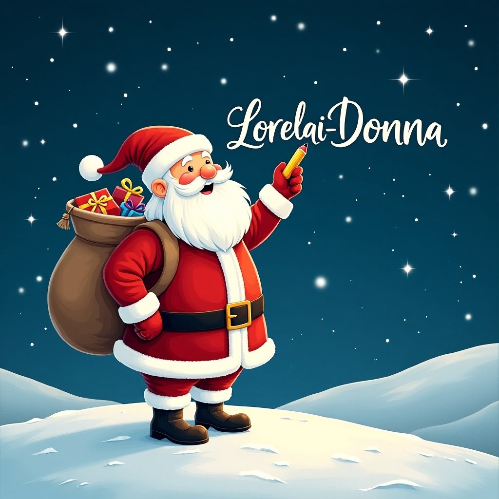 Santa Claus stands on snowy hill under starry night. He writes names in the sky with a pencil. Dressed in red and white. Large sack of gifts on his back. Name 'Lorelai-Donna' displayed in whimsical font.