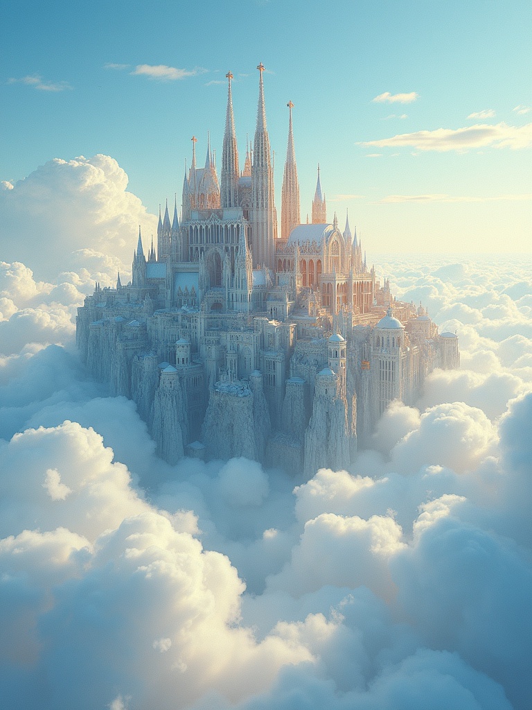 Majestic ethereal city floating in white clouds. Gothic-inspired spires and intricate architecture. Resembles dreamlike William Blake watercolors, features Antoni Gaudí details, illuminated by soft light similar to Marc Chagall paintings. Gentle clouds casting shadows on city surfaces.