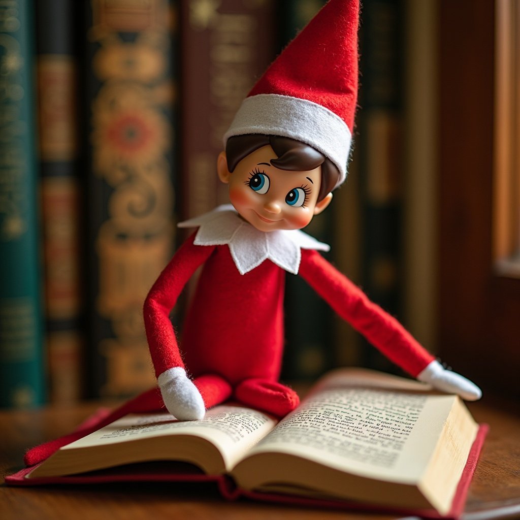 An elf on a shelf is leaving out of a book. The elf is dressed in red and white, sitting on an open book with a library background.