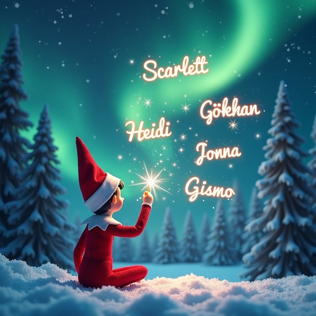 The image features an adorable elf on the shelf, sitting with its back facing the viewer. This charming figure is gazing up at a stunning sky lit with vibrant northern lights. The elf holds a magical wand, using it to write names in sparkling light above. The snowy landscape surrounds the scene, with evergreen trees framing the backdrop. Names like 'Scarlett', 'Gökhan', 'Heidi', 'Jonna', and 'Gismo' can be seen shimmering in the air. The overall mood is festive and enchanting, perfectly capturing the magic of Christmas.