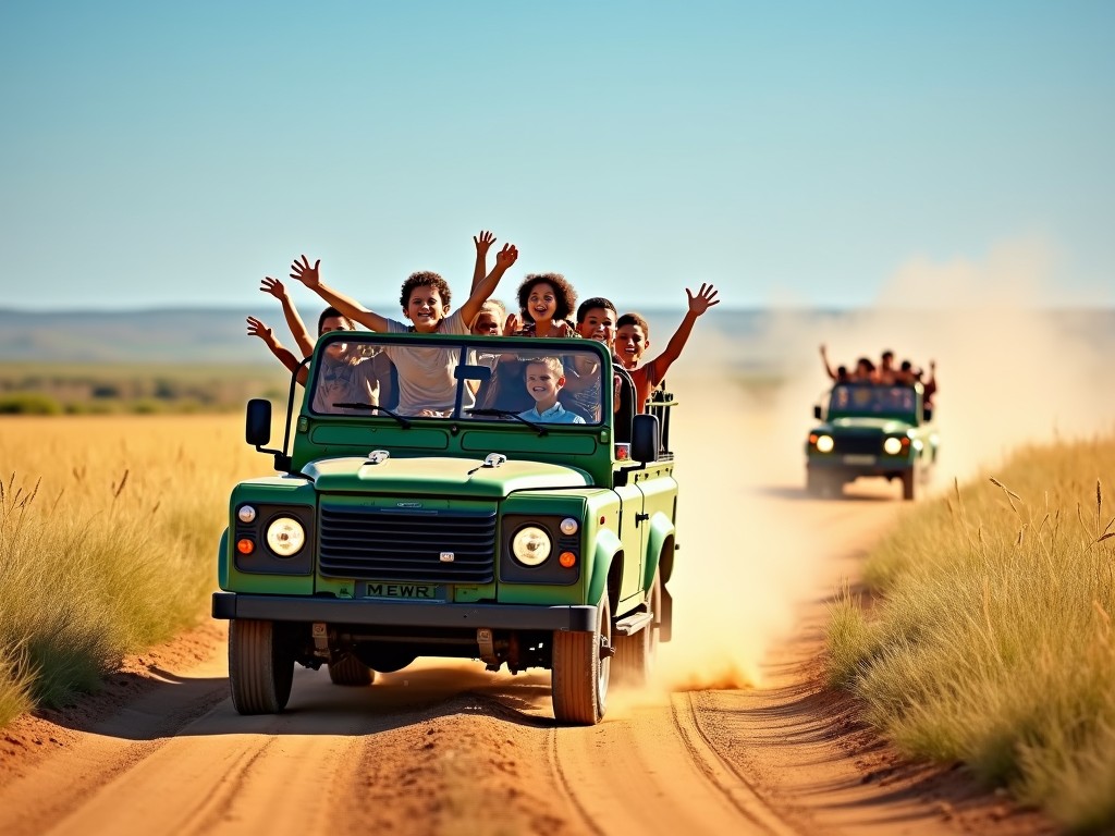 A group of excited tourists enjoy a thrilling safari ride in a rugged green jeep as it traverses a dusty path through open plains. The passengers, visible with expressions of joy and exhilaration, raise their arms in the air. In the background, another jeep follows, creating a dynamic composition that evokes a sense of exploration and freedom.