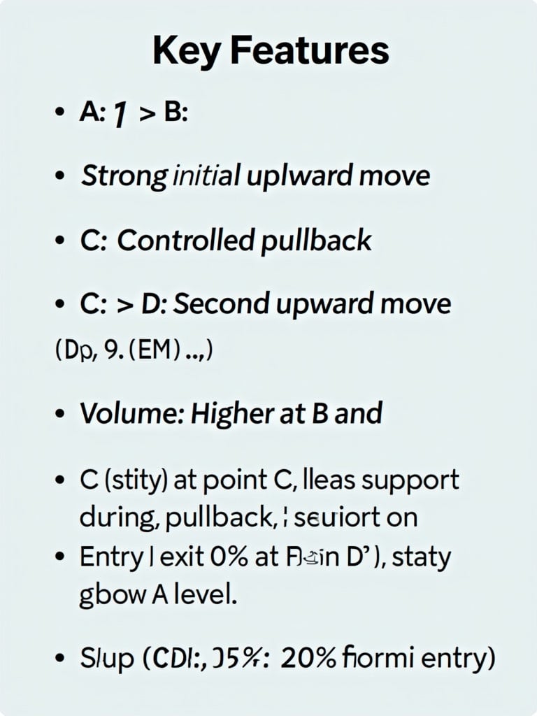 Graphic showing key features in trading strategies. Clear bullet points describe moves and indicators. Emphasis on upward moves and volume. Simplistic design with text focus.