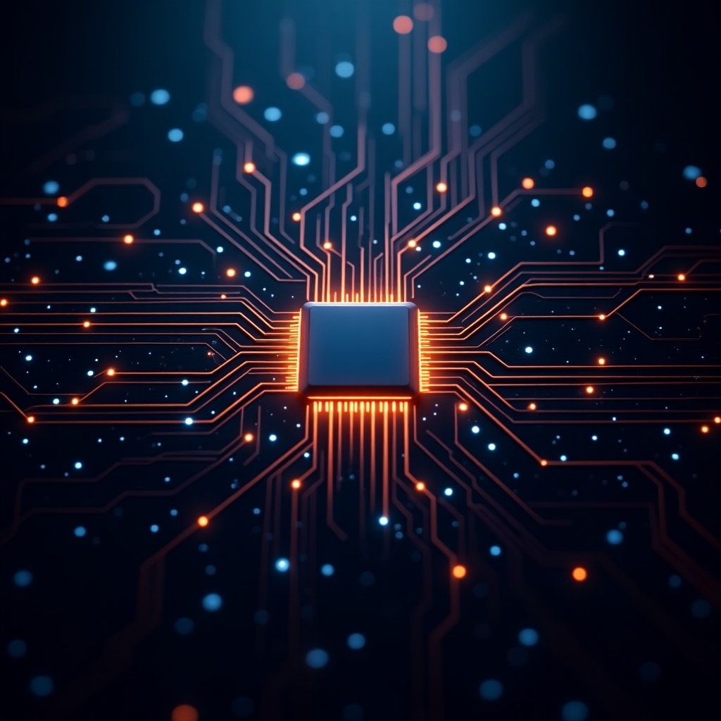 This image features a sleek, modern design focusing on a high-tech electrical circuit board. At its center, there's a glowing microchip with interconnected pathways radiating outward. The pathways are enhanced by vibrant orange and blue lights, contrasting against a dark background. This design symbolizes fast data transfer and technology innovation. The overall aesthetic is visually striking yet clean, providing a professional look suitable for tech-related content.