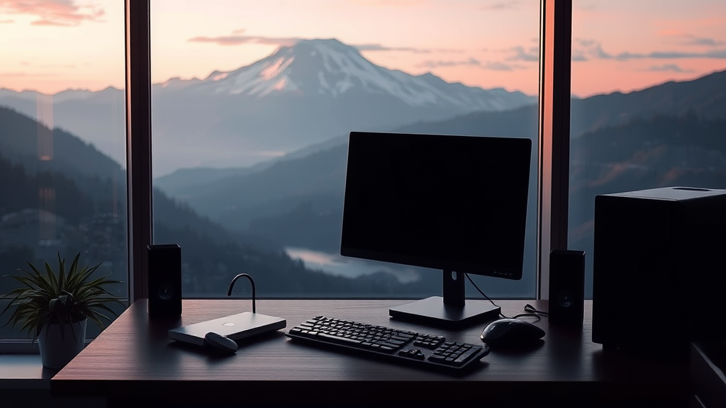 A modern office desk with a computer setup is silhouetted against a breathtaking mountain and sunset view through large windows.