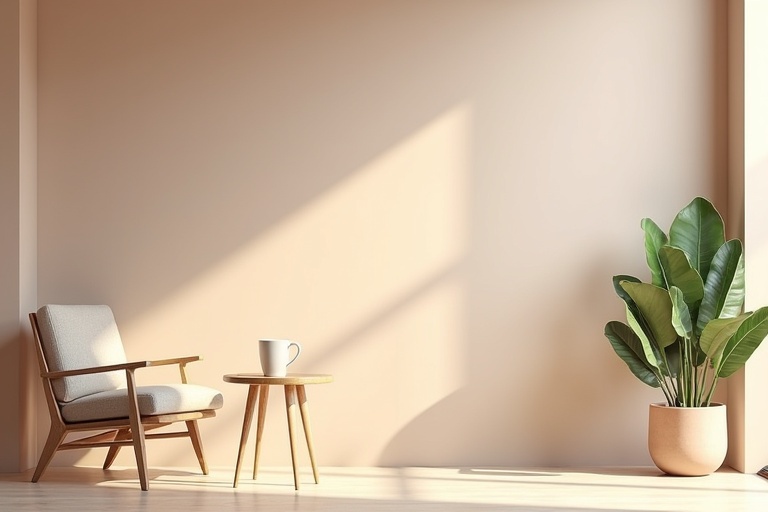 A corner of a minimalist coffee shop with a chair table and a plant in a neutral color scheme. Bright and airy design with large blank spaces. Minimalism is emphasized with muted tones. High-resolution rendering.