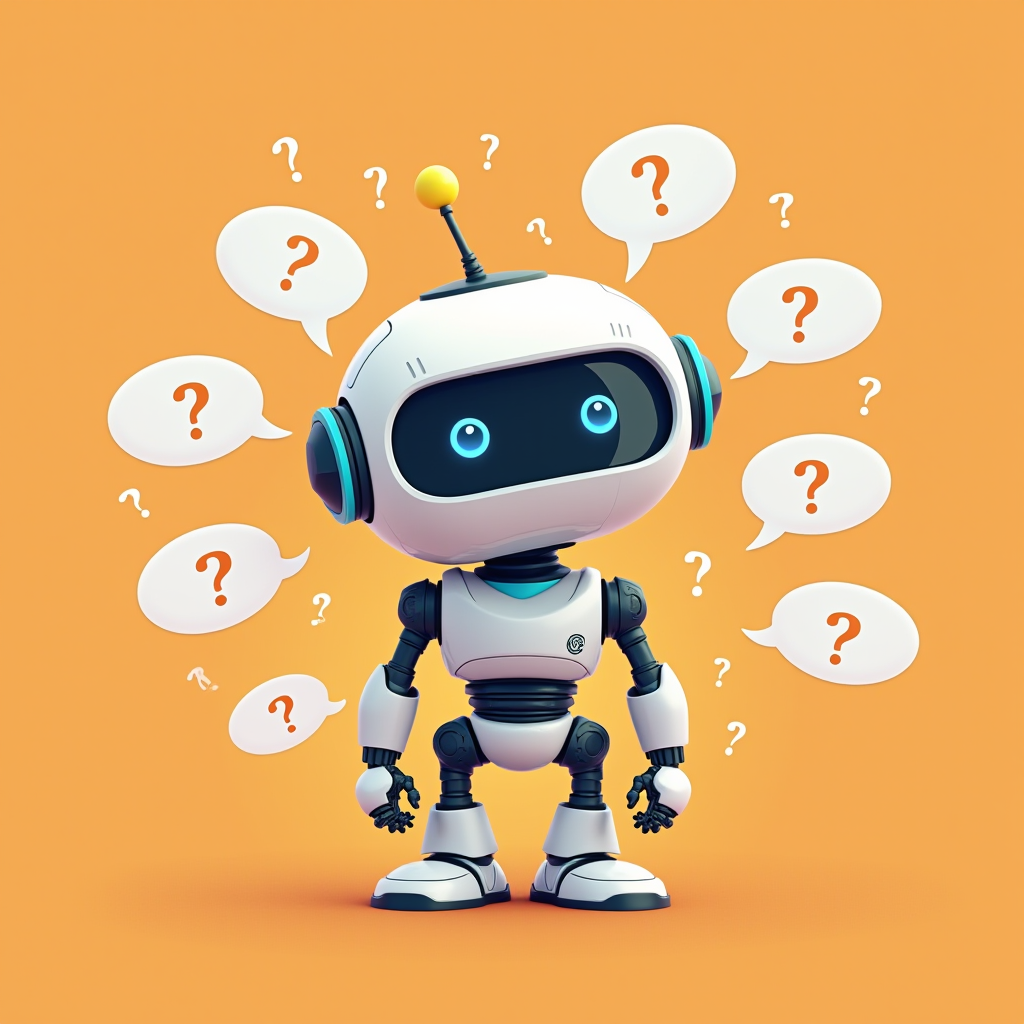 A cute robot with a rounded head and glowing blue eyes stands surrounded by question marks.