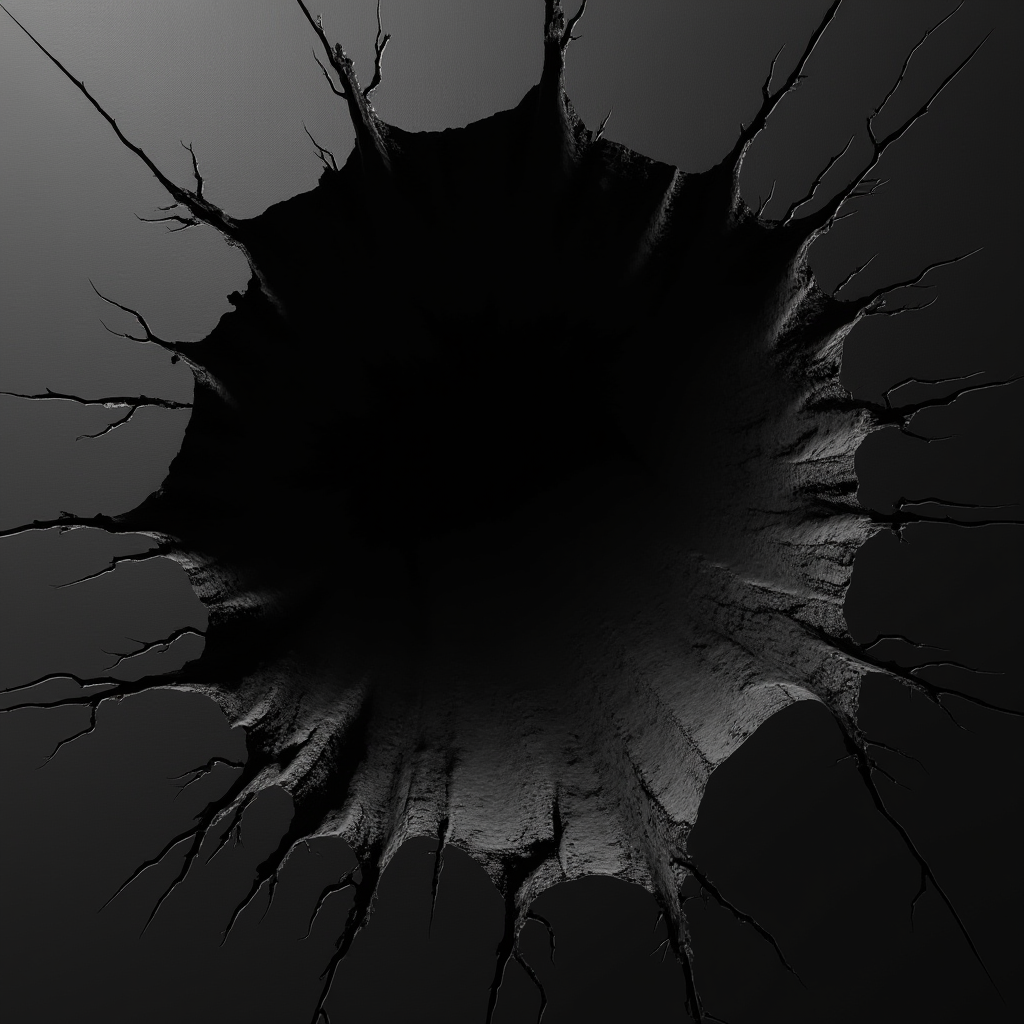 An abstract image depicting a dark, jagged hole with branching cracks extending outward.