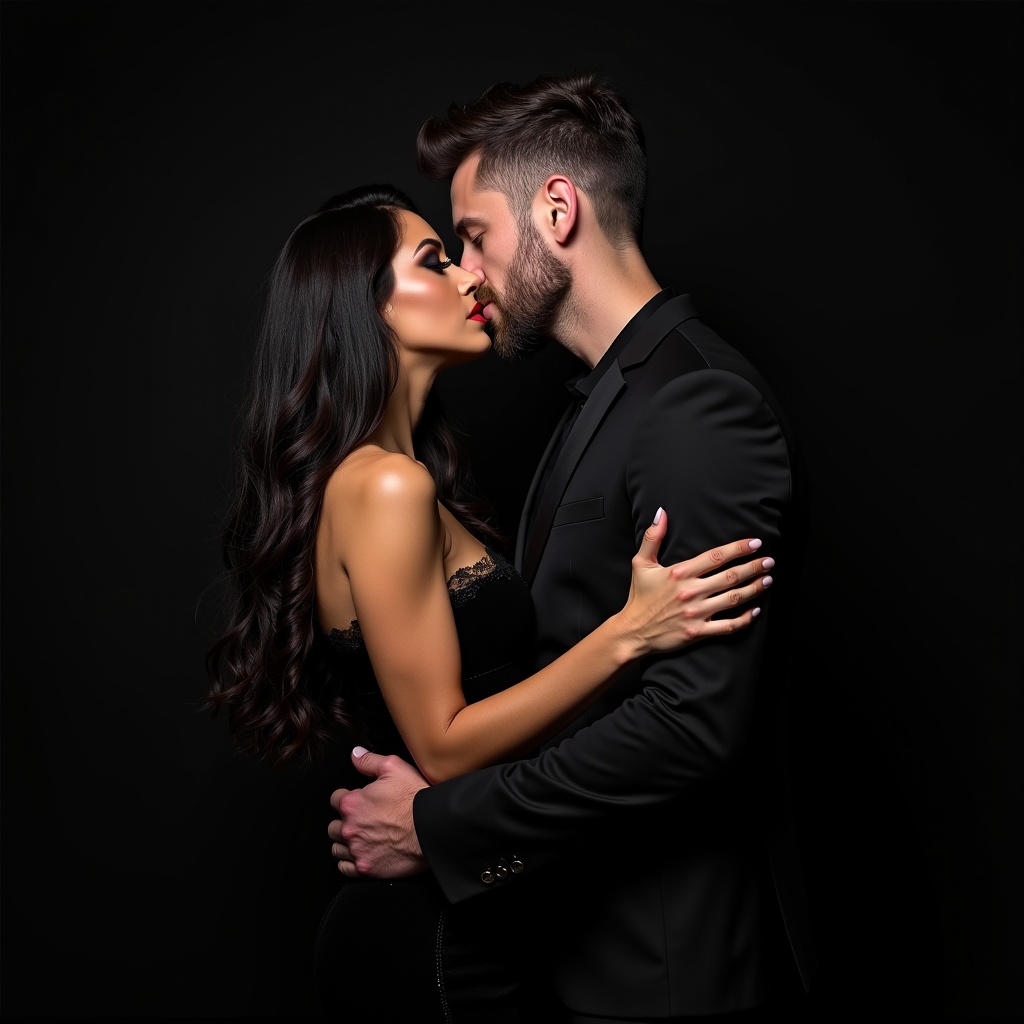 A couple is embracing in a close and intimate gesture. The woman has long dark hair and dramatic makeup. The man has a rugged appearance with short hair. Both wear elegant black attire, enhancing sophistication and allure.