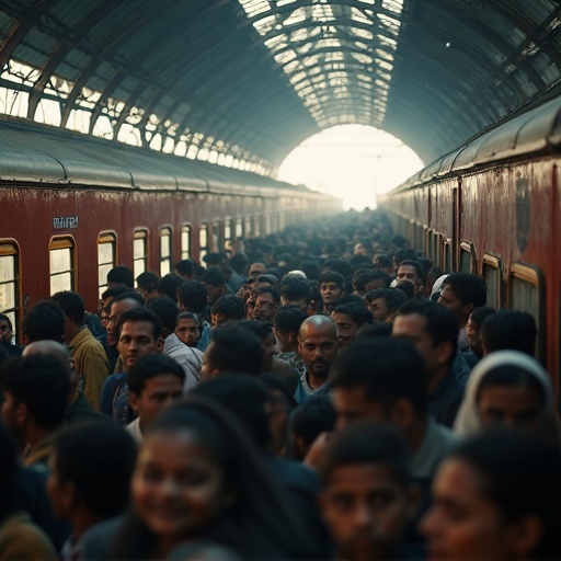 Image of a crowded Indian train station with many people waiting in line. The scene displays a jam-packed platform with trains on both sides. Natural light fills the structure, creating a warm atmosphere.