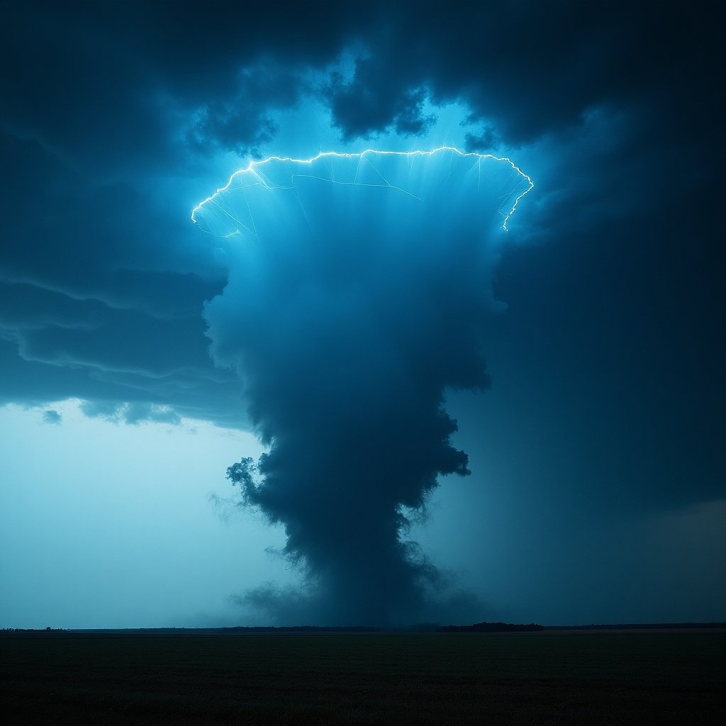 Tornado with a blue funnel. Dramatic stormy clouds and lightning around the funnel. Overcast sky. Visible landscape below the tornado.