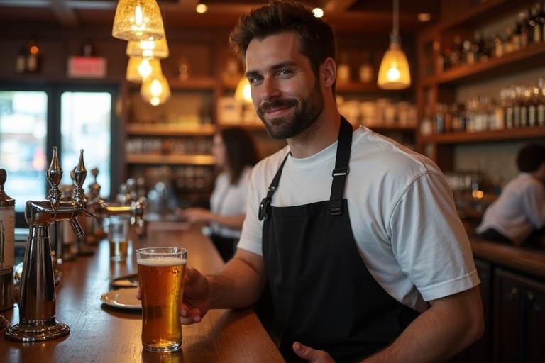 Bartender prepares to serve beer behind counter in welcoming bar. The bar has a warm and inviting atmosphere with wooden accents and beer taps. The bartender is dressed professionally.