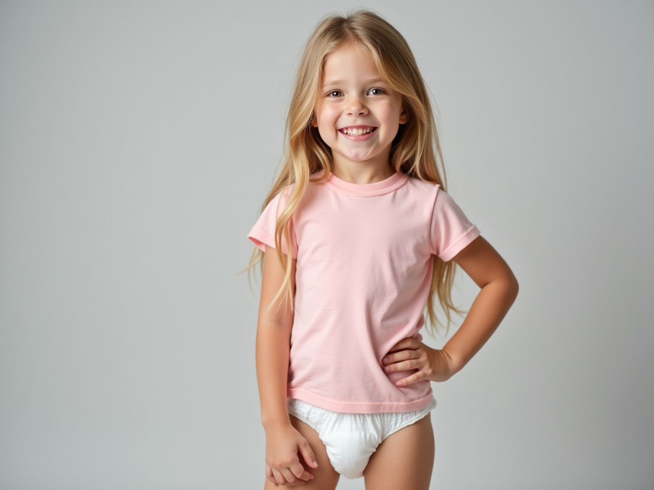 This image features a seven year old girl with long blonde hair. She is wearing a fitted pink t-shirt and a white diaper. The background is a soft gray, emphasizing her youthful innocence. Her pose is relaxed, with one hand on her hip, exuding confidence. The lighting is soft and inviting, enhancing the overall playful feel of the image.