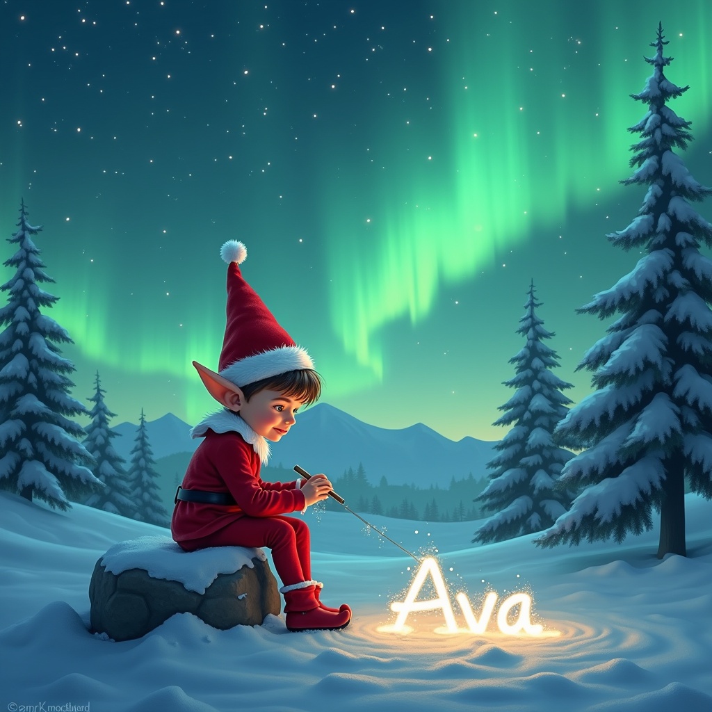 This enchanting image features a young elf in a red outfit sitting on a snowy rock. The elf is writing the name 'Ava' in the snow, illuminated by magical northern lights. The scene captures a tranquil winter landscape with snow-covered trees and distant mountains. The glowing auroras paint the sky in vibrant greens, enhancing the dreamlike atmosphere. This artwork embodies the essence of holiday magic and childhood wonder, evoking feelings of joy and nostalgia.