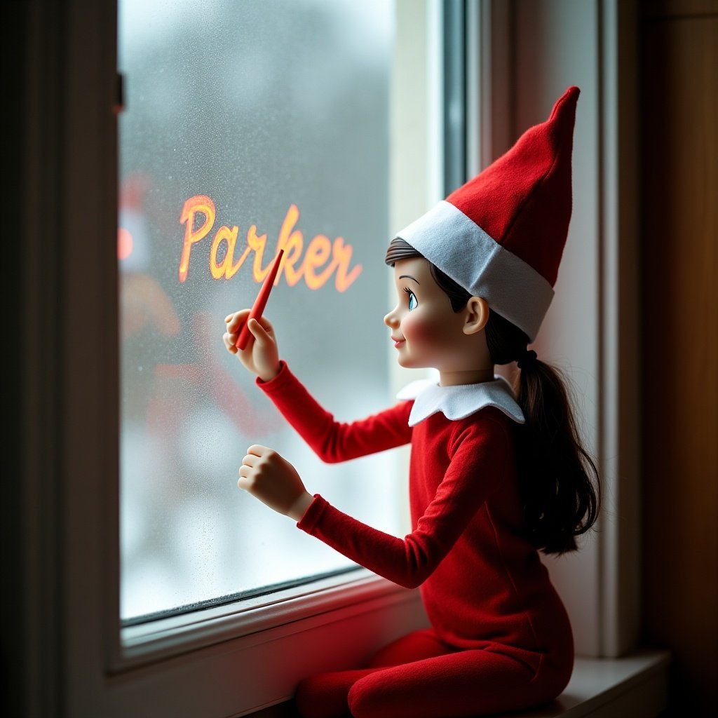 Elf doll in red outfit using a magic wand to write Parker on window. Scene shows winter backdrop with snow outside.