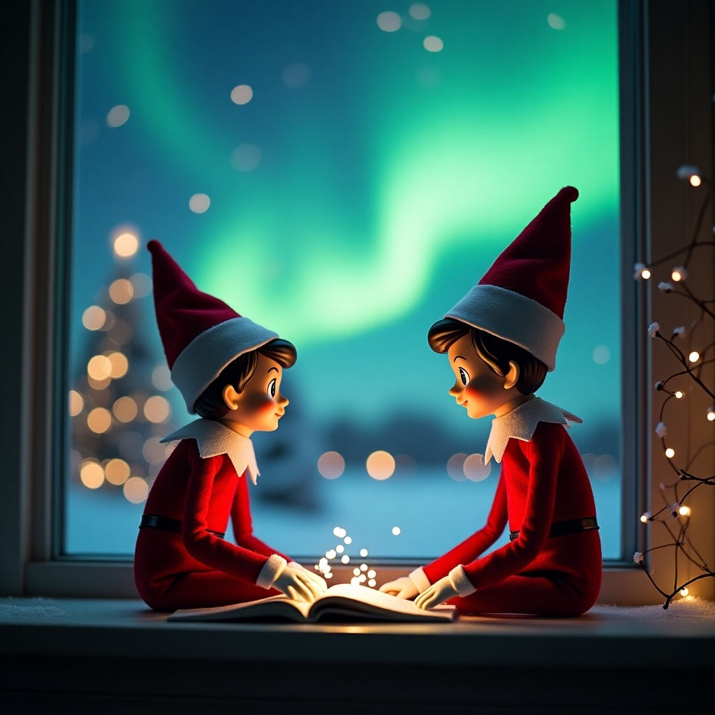 This enchanting image depicts two cheerful elves on the shelf, dressed in iconic red outfits with pointy hats, sitting by a window. They are engrossed in a book illuminated by a soft glow, suggesting the exchange of holiday secrets. Outside, the spectacular northern lights dance in vibrant greens and blues, creating a magical backdrop. Delicate holiday lights frame the window, adding to the festive atmosphere. The overall mood is warm and inviting, perfect for celebrating the spirit of Christmas and anticipation for visits from Santa.