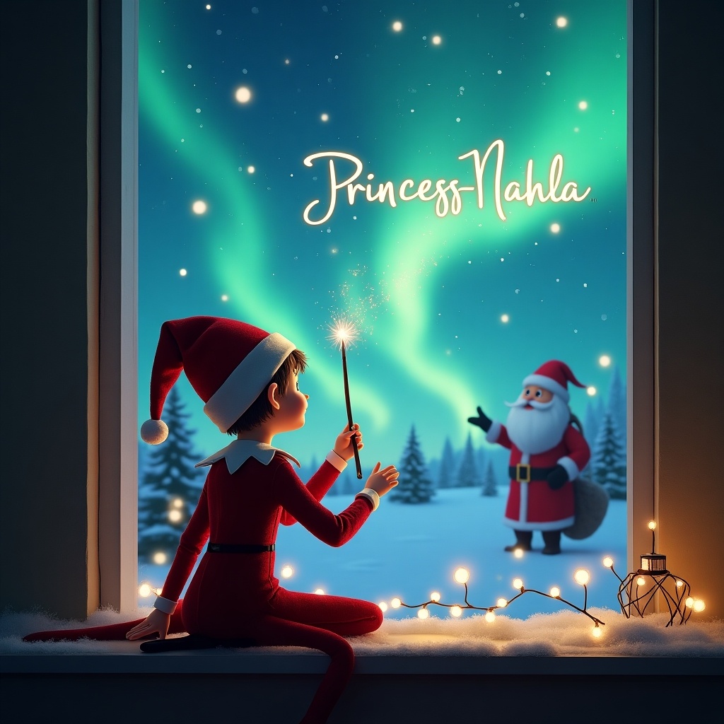 Elf on the shelf has back to image. Facing the sky. Using wand to write Princess Nahla. Background is magical Christmas scene with northern lights and Santa.