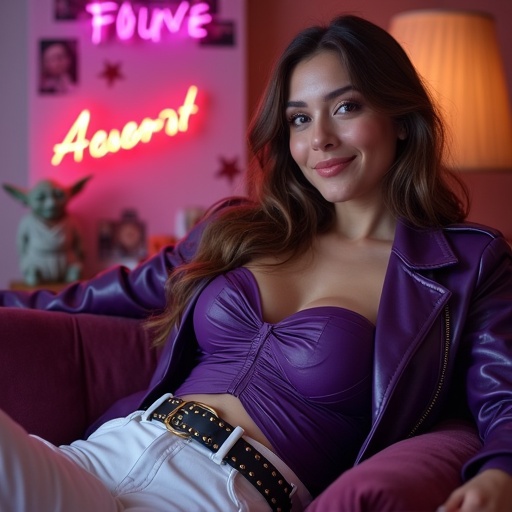 A beautiful woman lays comfortably on an elegant couch in a Hollywood-themed room. She has long, wavy balayage hair. The room features a bright ambiance with movie props. Her outfit is stylish and consists of a purple strapless top and white jeans. The scene is vibrant and cozy with engaging elements.