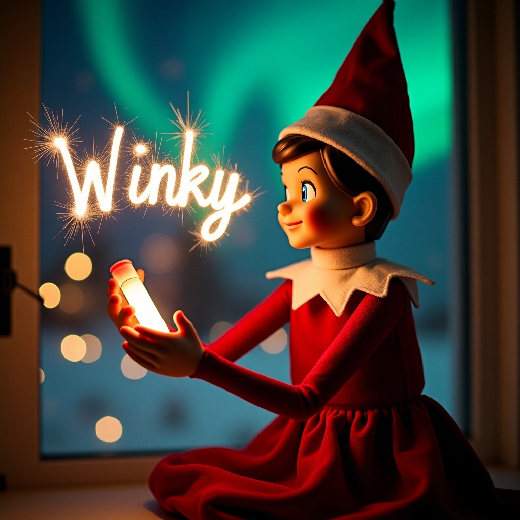 Elf character in red and white attire holding a glow stick that forms the name 'Winky'. Background features northern lights enhancing the festive atmosphere. Scene captures holiday magic and joy.