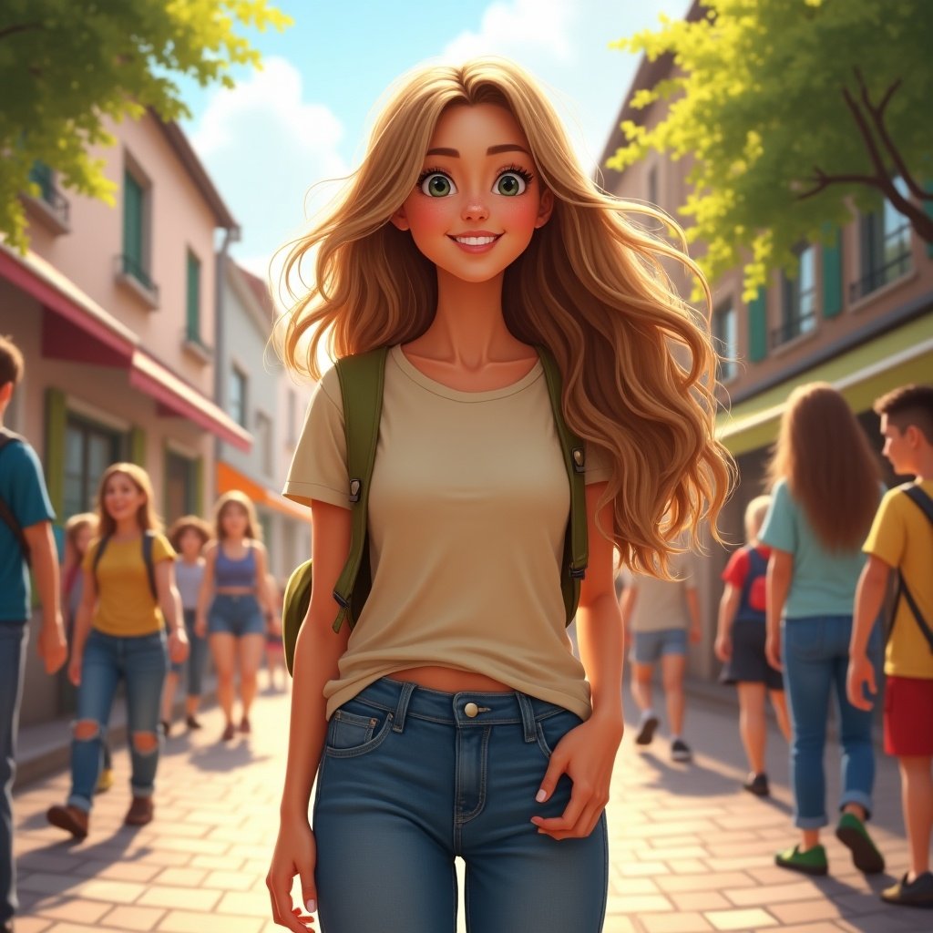 A young woman walks through a busy street in a town. She has long hair and is wearing a casual outfit with a backpack. Other people are seen walking in the background, creating a lively atmosphere.