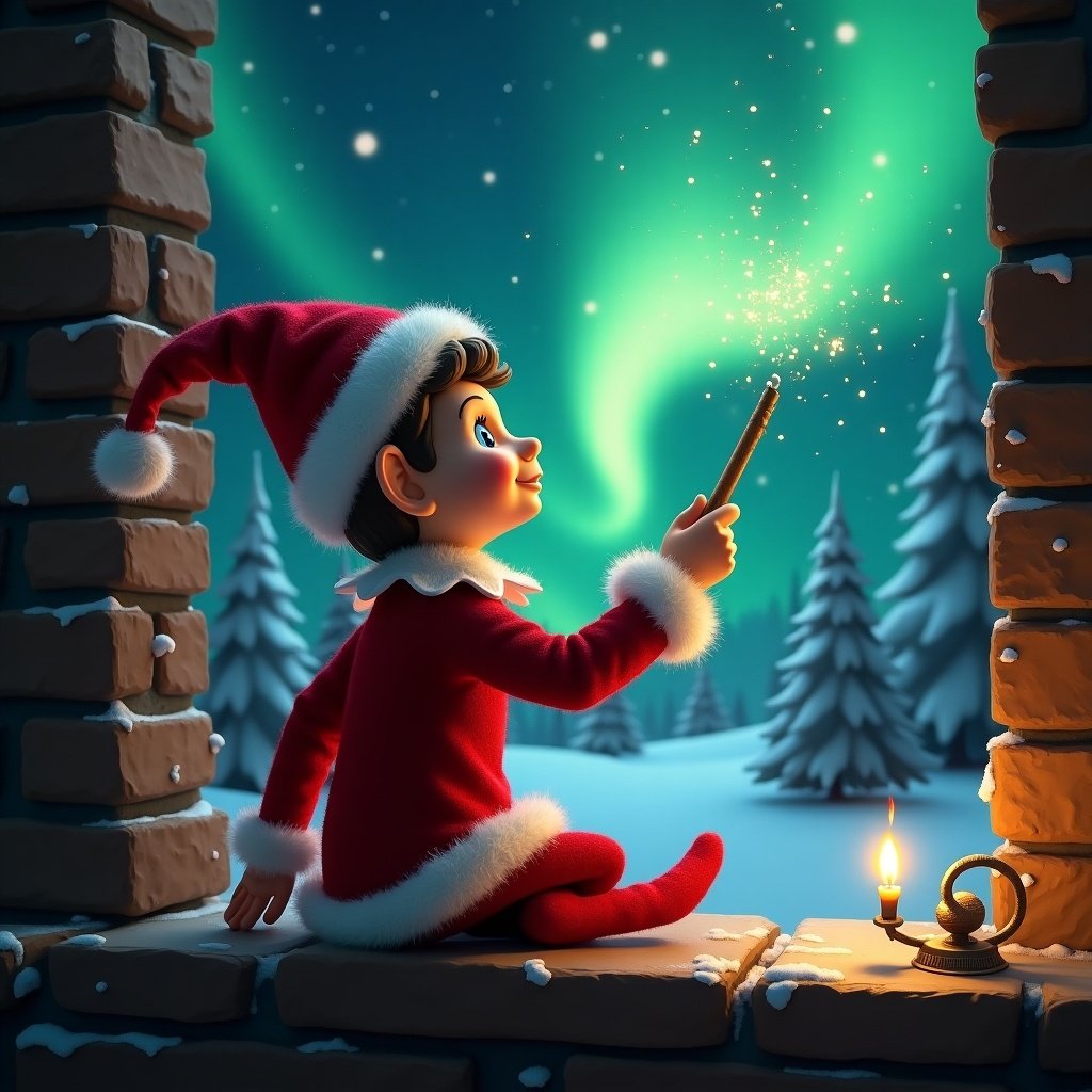 Traditional elf on the shelf in red looking up at the northern lights at the North Pole writing Gianni in the air with a magic wand