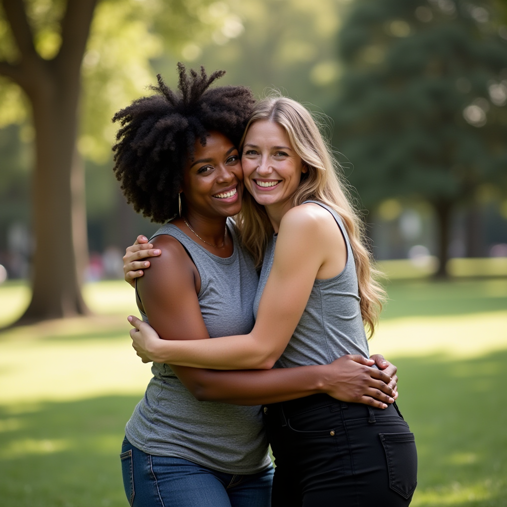 Two women smiling and hugging each other in a sunlit park.