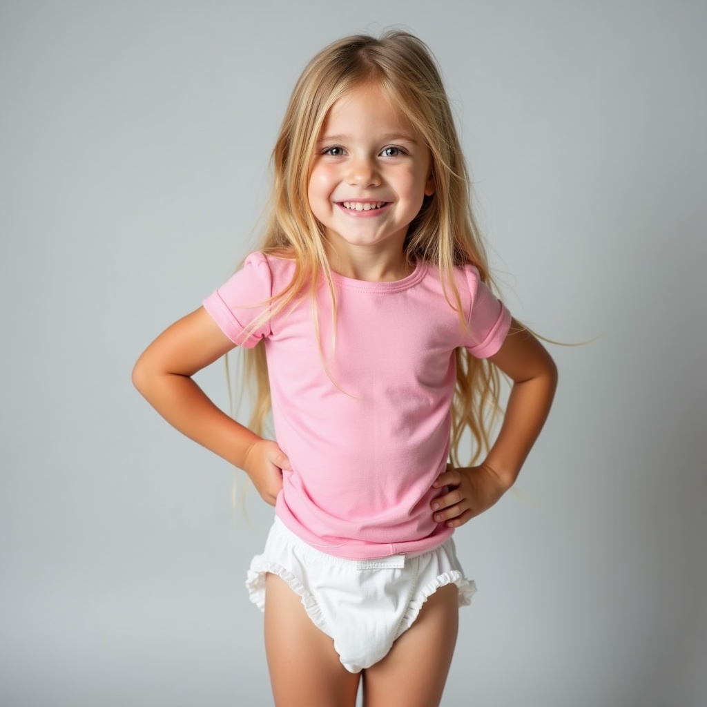 Girl with long blonde hair wears fitted pink t-shirt and white diaper. Background is soft gray. Pose is relaxed with one hand on hip. Soft lighting enhances playful feel. Adorable representation of toddler fashion in casual home setting.