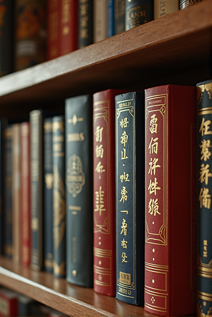 A wooden shelf filled with neatly arranged books with intricate designs on their spines.