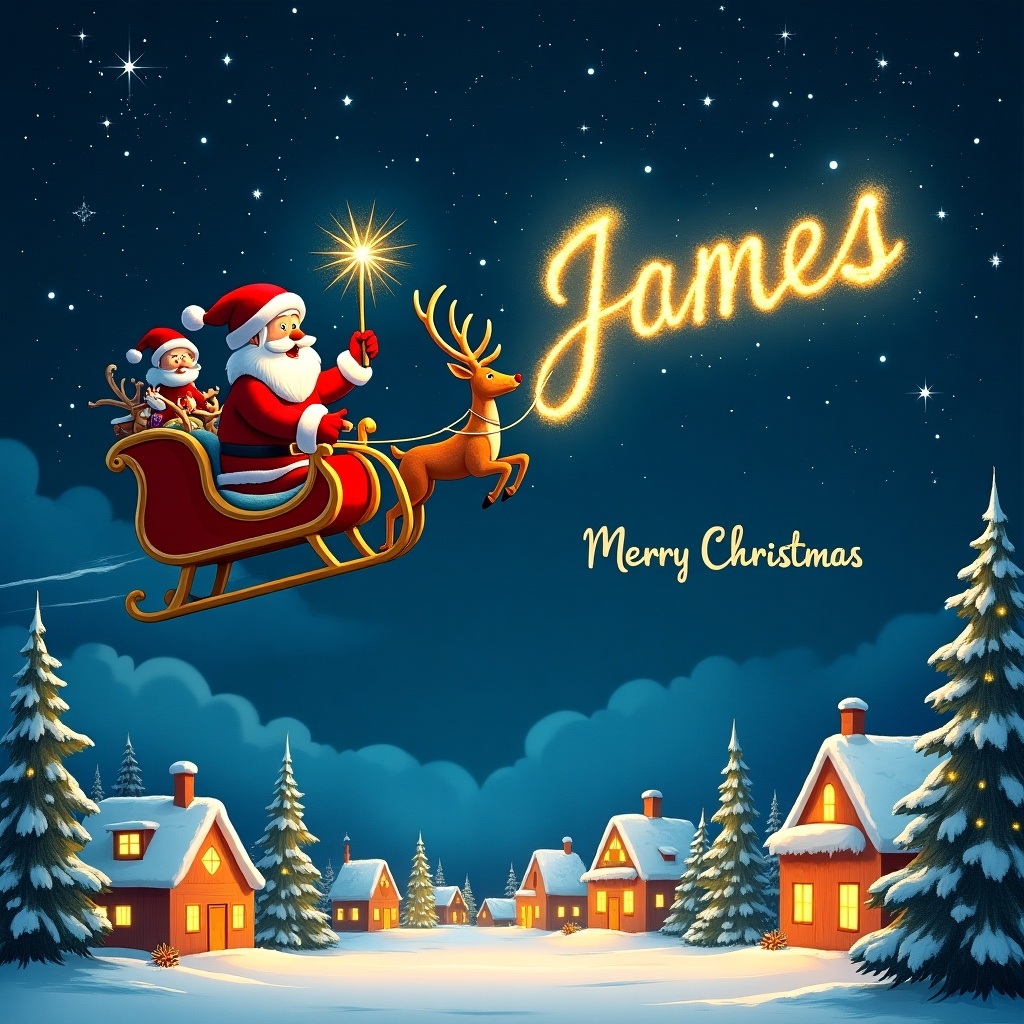 Magical Christmas card. Santa Claus flying in a sleigh. Glowing wand writing name "James" in sky. Snow-covered town below. Phrase "Merry Christmas, James!" elegantly scripted.