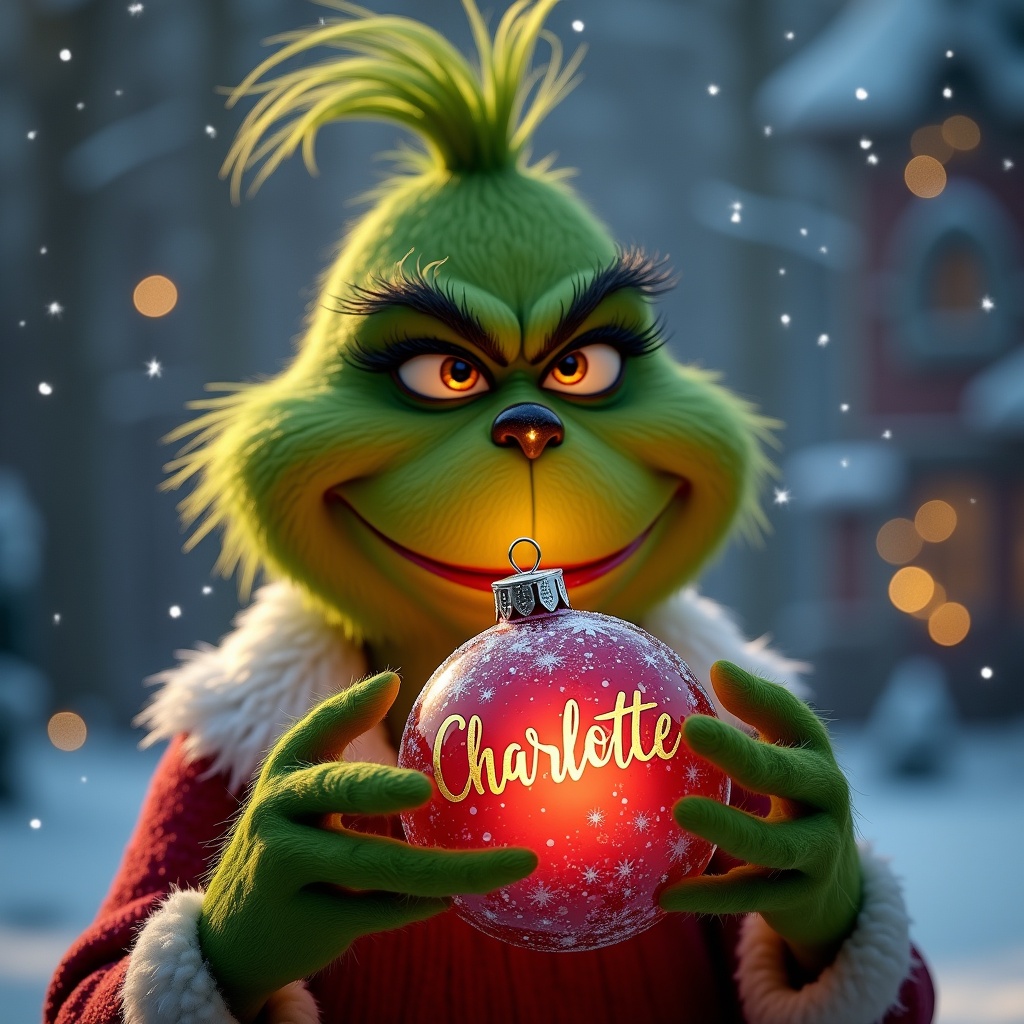 Grinch character with a green face and fluffy hair holds a red bauble decorated with the name Charlotte. It is snowy with soft Christmas lights in the background.