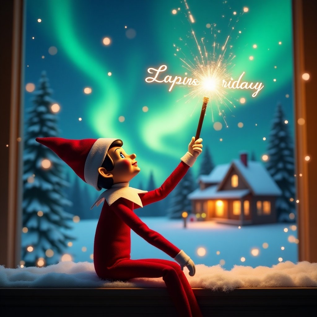 An elf on the shelf sits with its back to the viewer, gazing skyward. It holds a glowing wand that emits sparkling light. The background showcases a charming Christmas scene with colorful northern lights swirling above. In the distance, a cozy house can be seen, decorated for the holidays. Snow covers the ground, adding to the winter atmosphere. The elf is in a playful position, embodying the spirit of magic and wonder associated with Christmas. The name ‘Deacan, Nolan & Wade’ is written in the air using the wand, creating a sense of holiday cheer.