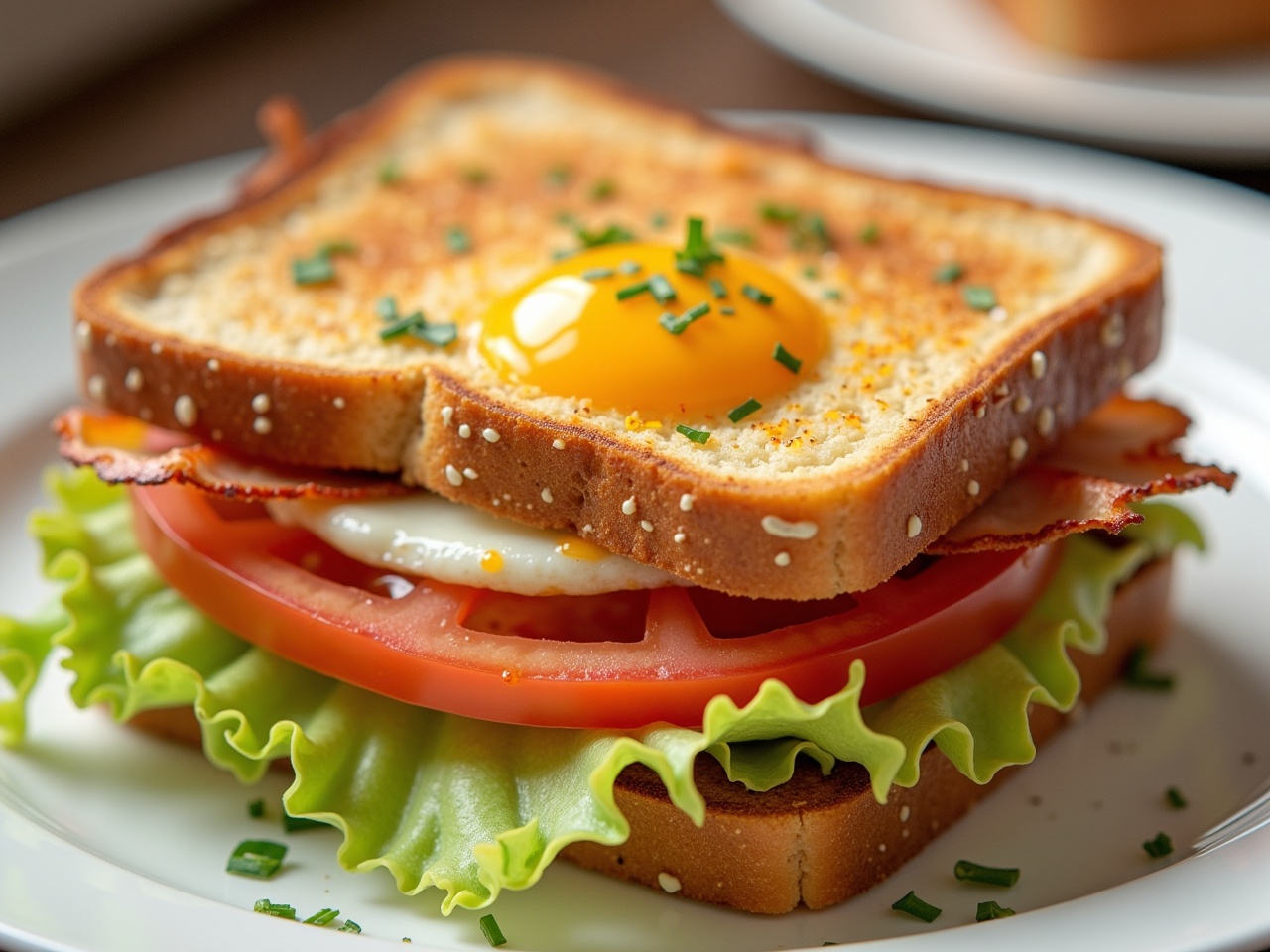 This image showcases a delicious fried egg bacon and cheese toast sandwich. The sandwich is beautifully presented with a sunny-side-up egg on top. Fresh layers of tomato and iceberg lettuce add color and freshness. The toasted bread is golden brown with visible textures. This dish is ideal for breakfast or brunch, offering a satisfying meal option.