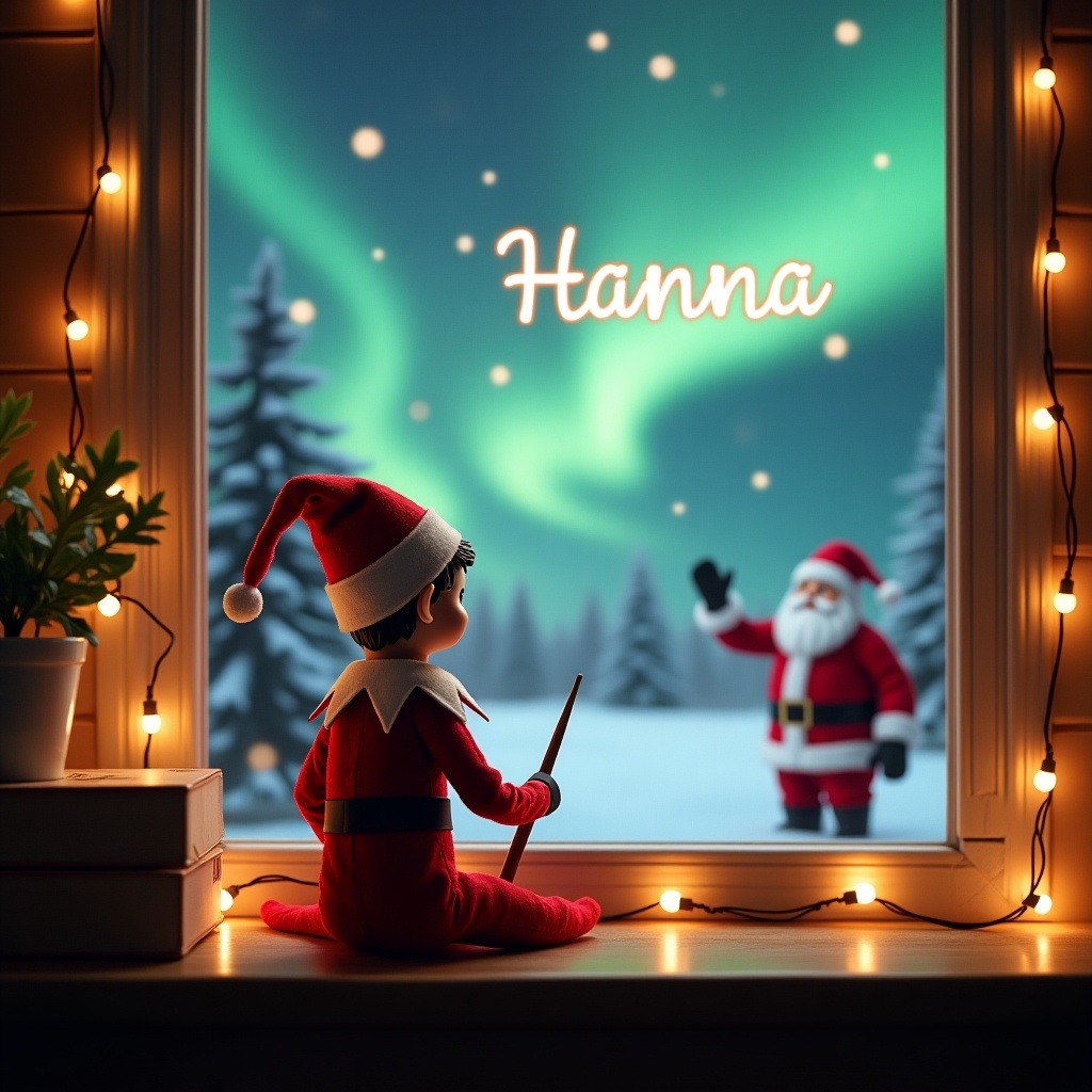 This enchanting image depicts a cozy Christmas scene. An elf on the shelf sits with his back to the viewer, wand in hand, writing 'Hanna' in the sky. Outside the window, a magical winter landscape features sparkling northern lights and a welcoming Santa Claus. The atmosphere is enhanced by warm, glowing string lights, creating a festive environment. Dressed in a traditional red suit and hat, the elf embodies the spirit of Christmas, capturing the wonder of the holiday season.