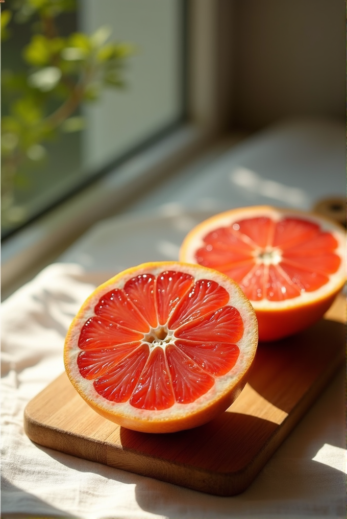 A halved grapefruit sits on a wooden board by a sunlit window.