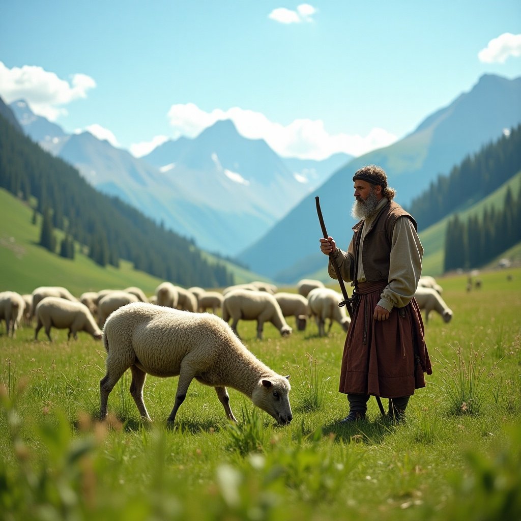 The image shows a shepherd in a mountainous landscape. The shepherd carries a staff. Sheep graze on the grass. Mountains are visible in the background. The scene is serene with lush greenery and a clear sky.