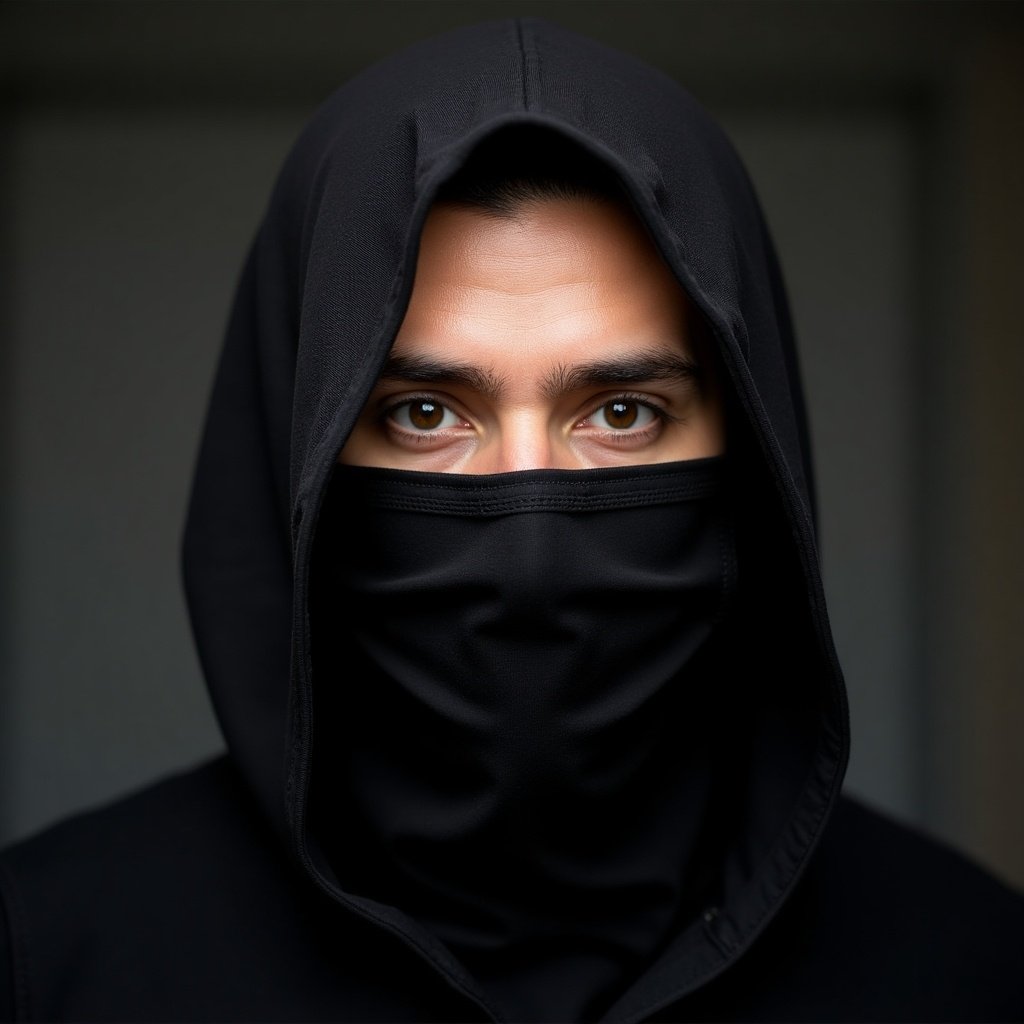 A man is wearing a face mask and black clothing. He looks straight ahead with the side of his face half visible. The atmosphere is dark and moody.