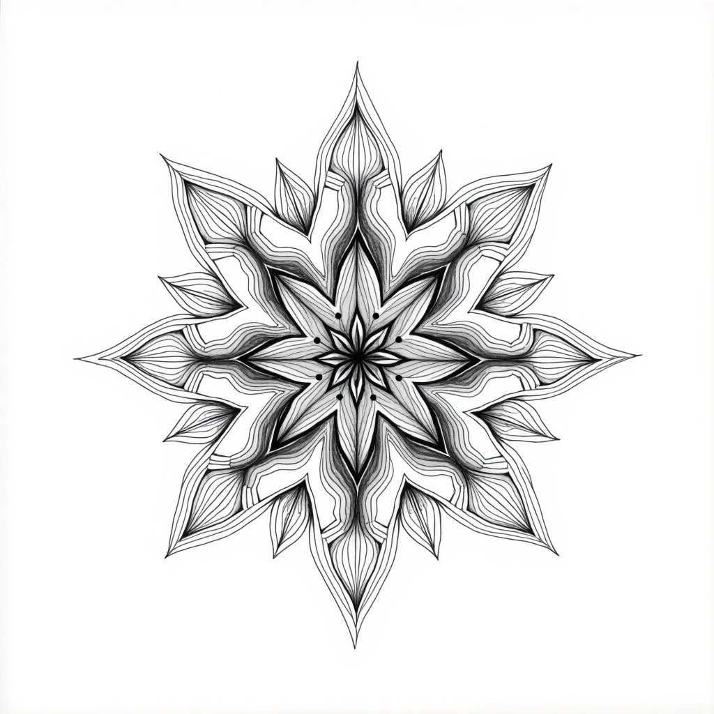 Outline art featuring an intricate geometric star design. Contains detailed line work and symmetrical patterns. Presented in black and white.