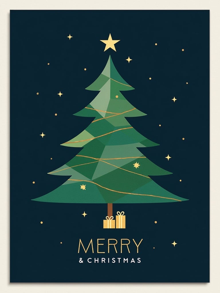 Sleek modern Christmas card. Features a stylized minimalist Christmas tree. Made of geometric shapes in green and gold. Background is deep navy blue. Stars and snowflakes are subtle. Small stack of wrapped presents at tree base. Bold gold letters say 'Merry & Christmas' beneath tree.